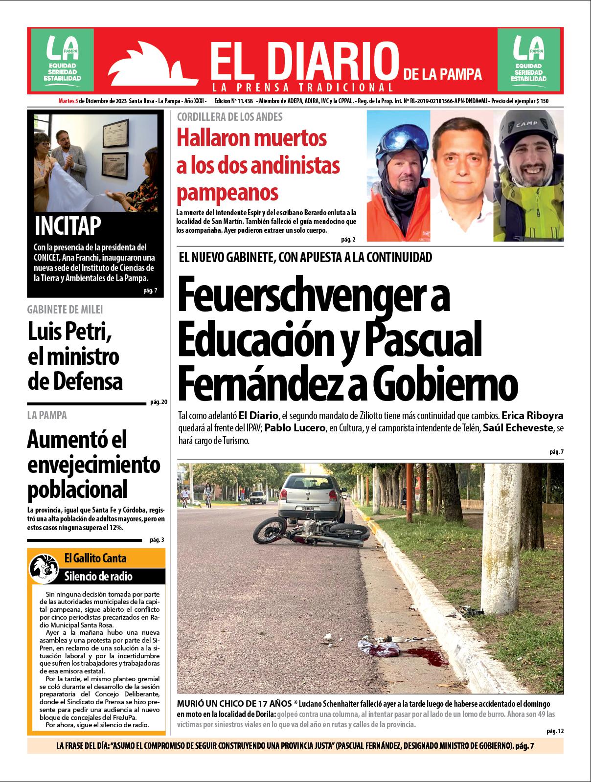 Tapa de El Diario en papel  martes 05 de diciembre de 2023